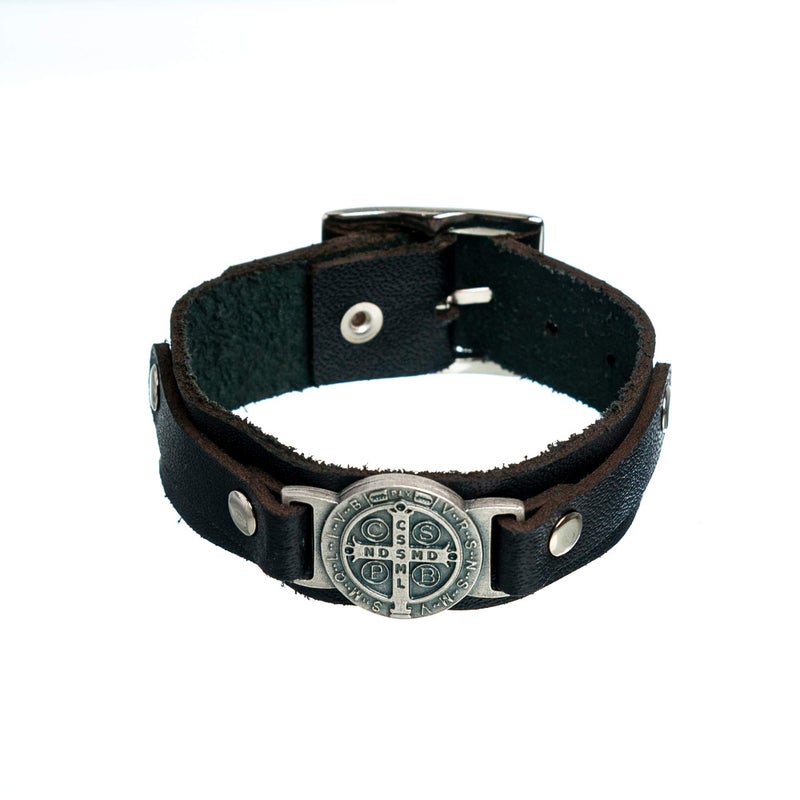 Intercession St Benedict Genuine Leather Protection Bracelet - Made in Brazil (Large - Black) - Image 1